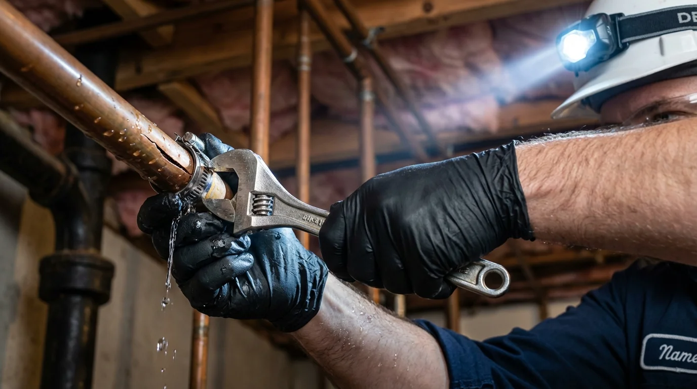 Emergency pipe clamp repair being performed by a Johns Plumbing LLC plumber in Elizabethtown