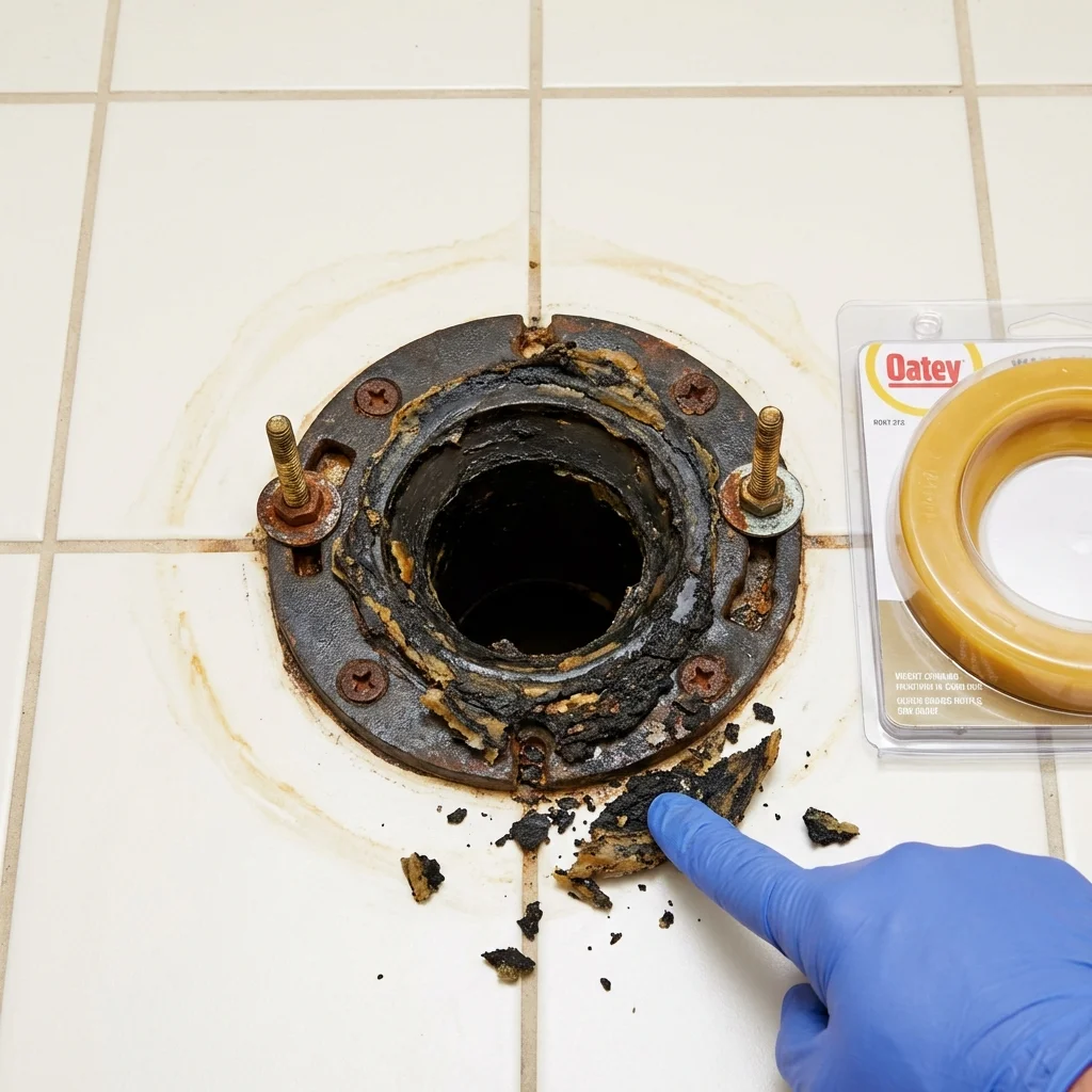 Failed wax ring showing water seepage at the base of a toilet in a Elizabethtown, NY home