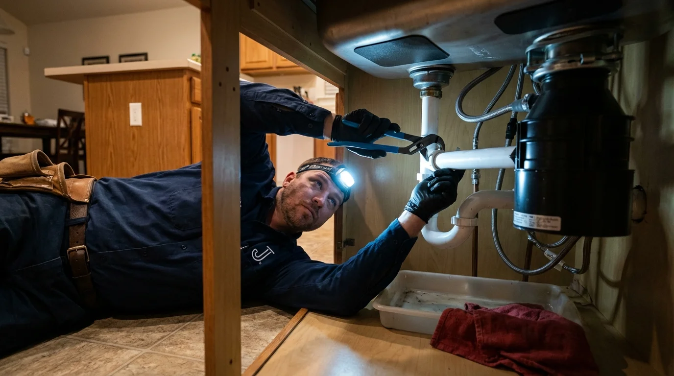 P-trap and supply line connections under a kitchen sink showing a common leak point in Elizabethtown, NY